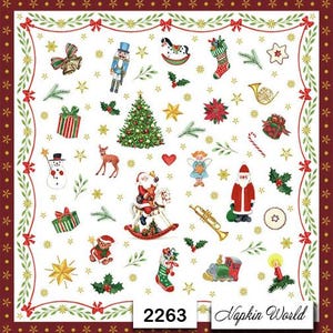 May include: A square, white Christmas-themed napkin with a red and green border. The napkin features various festive illustrations, including a Christmas tree, Santa Claus, and a rocking horse. The text "2263" and "Napkin World" are visible.
