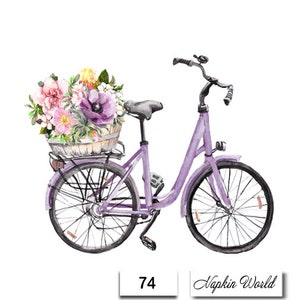FREE SHIP - Two Paper Luncheon Decoupage Art Craft Napkins - (Design 74) BICYCLE Bike Purple Basket Flowers