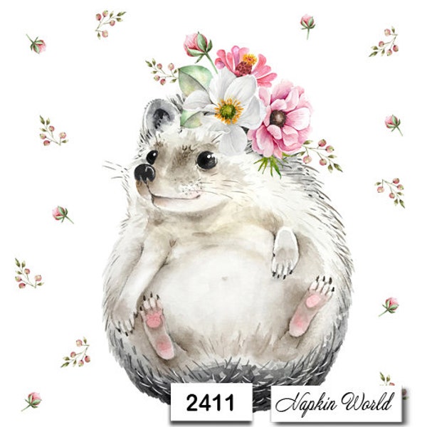 FREE SHIP - Two Paper Luncheon Decoupage Art Craft Napkins - (Design 2411) Cute HEDGEHOG Floral Headdress