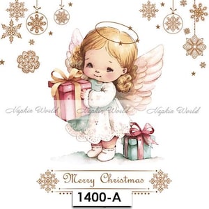 May include: A watercolor illustration of a cherubic angel holding two wrapped gifts. The angel has blonde hair, a halo, and wings. The image includes the text "Merry Christmas" and the number "1400-A". Decorative snowflakes and ornaments are in the background.