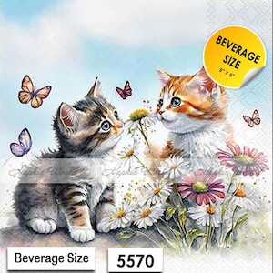 May include: Two adorable kittens, one tabby and one orange, are sniffing flowers in a field of daisies. Butterflies flutter around them. The image is a napkin with the text "Beverage Size 5" x 5" and "Beverage Size 5570".