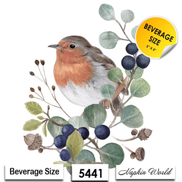 FREE SHIP - Two Paper ***BEVERAGE Size*** Decoupage Art Craft Napkins - (Design 5441) Robin Bird Blueberries Branch Berries Leaves