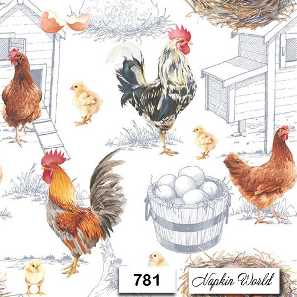 FREE SHIP - Two Paper Luncheon Decoupage Art Craft Napkins - (Design 781) CHICKENS Roosters Hens Cockerals Eggs Farm Poultry