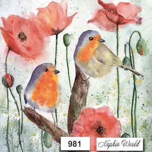 FREE SHIP - Two Paper Luncheon Decoupage Art Craft Napkins - (Design 981)  ROBIN Birds Poppies Poppy