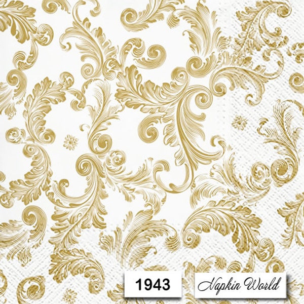 FREE SHIP - Two Paper Luncheon Decoupage Art Craft Napkins - (Design 1943) Gold FLOURISHES Pattern Design