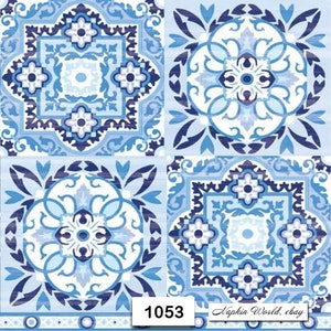 FREE SHIP - Two Paper Luncheon Decoupage Art Craft Napkins - (Design 1053) Blue TILES Design Pattern Symmetrical