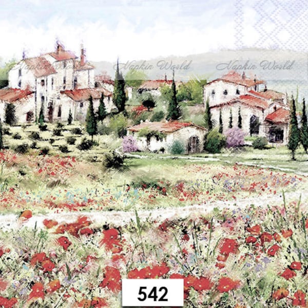 FREE SHIP - Two Paper Luncheon Decoupage Art Craft Napkins - (Design 542) SCENIC Poppy Poppies Tuscany Italy Scene Flowers