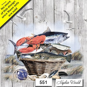FREE SHIP - Two Paper Luncheon Decoupage Art Craft Napkins - (Design 551)  FISH &quot;Catch of the Day&quot; Lobster Seagulls Gulls