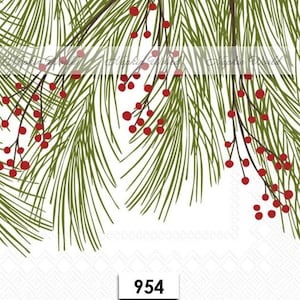 May include: A white background with a green pine branch with red berries. The number 954 is printed in black at the bottom of the image.