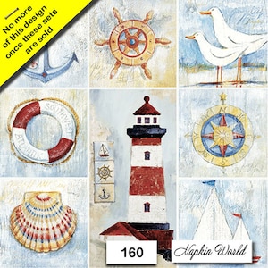 May include: A set of 9 nautical themed paper napkins with images of a lighthouse, compass, anchor, seashells, life preserver, ship's wheel, and seagulls. The napkins are white with blue and red accents. The text "Napkin World" and "160" are printed on the napkins.