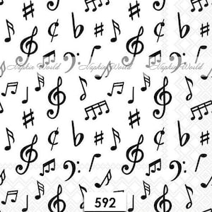 May include: Black and white musical notes and symbols on a white background. The notes include treble clefs, sharps, flats, and eighth notes. The text "Napkin World" appears three times in the image.