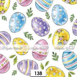 May include: A white background with a repeating pattern of colorful Easter eggs. The eggs are decorated with stripes, polka dots, and floral designs. The text "Napkin World" appears three times on the image.