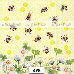 May include: A yellow and white honeycomb pattern with bees and daisies. The text "Napkin World" appears three times on the image. The number "498" is printed in the bottom center of the image.