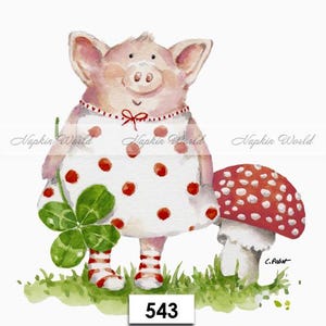 May include: A watercolor illustration of a pink pig wearing a white dress with red polka dots and red and white striped socks. The pig is holding a four-leaf clover and standing next to a red and white mushroom.
