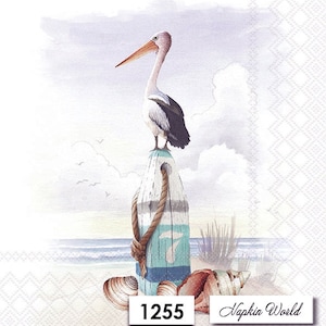 May include: A watercolor painting of a pelican standing on a buoy with a blue, white, and rope design. The buoy is on a beach with seashells and the text "Napkin World" and "1255".