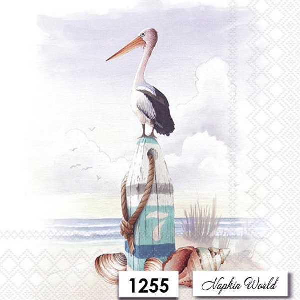 FREE SHIP - Two Paper Luncheon Decoupage Art Craft Napkins - (Design 1255) PELICAN Bird Ocean Sea Shells Shore Beach Buoy Sand