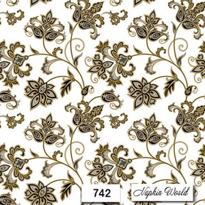 May include: A white background with a repeating pattern of gold and black paisley floral designs. The text "Napkin World" and the number "742" are at the bottom of the image.