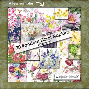 May include: A collection of 20 random floral napkins with various designs, including flowers, butterflies, and botanical illustrations. The napkins feature a range of colors, including pink, purple, yellow, and blue. The text "20 Random Floral Napkins (Our Pick)" is displayed.