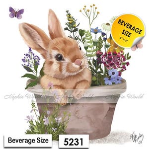 May include: A brown bunny rabbit sits in a terracotta flower pot with a variety of purple, pink, and blue flowers. The pot is 5 inches by 5 inches. The image includes the text "Beverage Size 5231".
