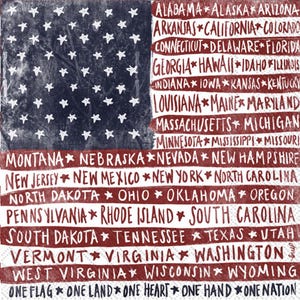 May include: A red, white, and blue American flag with a distressed, vintage look. The flag is surrounded by the names of all 50 states, written in a handwritten style. The text at the bottom reads "One Flag One Land One Heart One Hand One Nation".