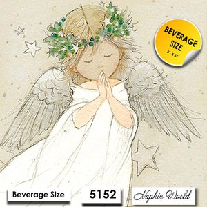 FREE SHIP - Two Paper ***BEVERAGE Size*** Decoupage Art Craft Napkins - (Design 5152) Sweet Angel Girl Pray Wings Praying Christmas