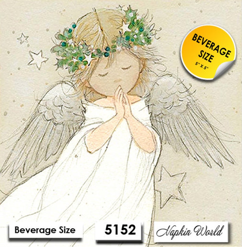 May include: A white angel with wings and a green holly wreath on her head, praying with her hands clasped together. The image is a napkin design with the text "Beverage Size" and "Napkin World" at the bottom.