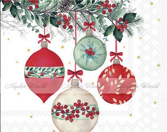 FREE SHIP - Two Paper Luncheon Decoupage Art Craft Napkins - (Design 263) Christmas ORNAMENTS Baubles Decor