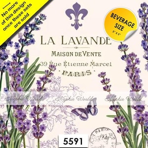 May include: A decorative paper napkin with a lavender theme. The design includes lavender sprigs, a butterfly, and the text "LA LAVANDE" and "PARIS". The napkin is beverage size, 5" x 5".