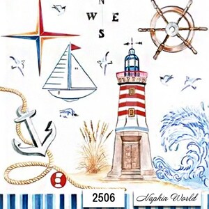 May include: A white sailboat with a red sail, a red and white striped lighthouse, a compass, an anchor with a rope, a blue wave, and a wooden ship's wheel. The image has a blue and white striped background with the text "Napkin World" and "2506".