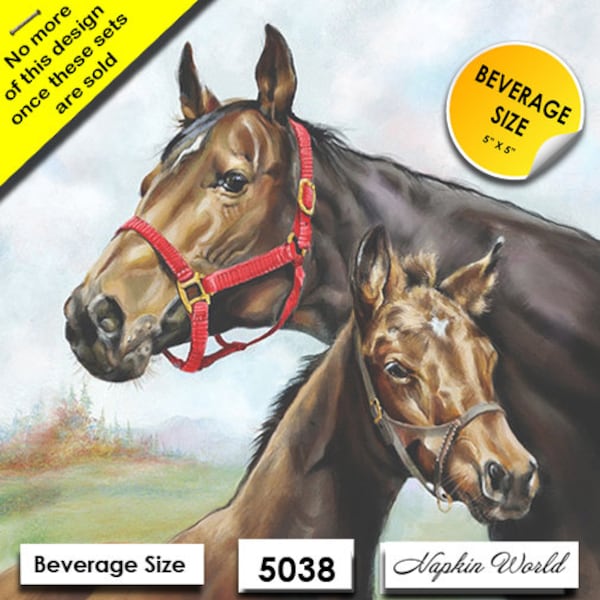 FREE SHIP - Two Paper ***BEVERAGE Size*** Decoupage Art Craft Napkins - (Design 5038) Horses Mare Foal Colt Filly Farm Animal