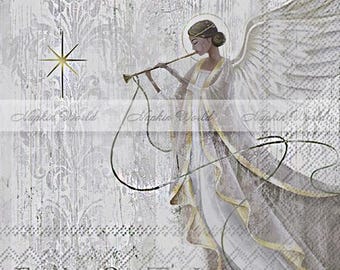 FREE SHIP - Two Paper Luncheon Decoupage Art Craft Napkins - (Design 758) Christmas ANGEL Peace on Earth Rustic Script