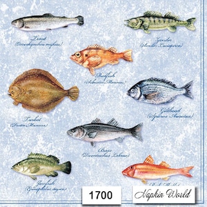 May include: A decorative print featuring various fish species, including trout, redfish, and bass, against a light blue background. Each fish is labeled with its common and scientific name. The print includes the text "1700" and "Napkin World".