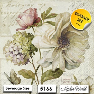 FREE SHIP - Two Paper ***BEVERAGE Size*** Decoupage Art Craft Napkins - (Design 5166) Vintage Roses Hydrangea Script Paris