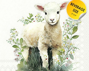 FREE SHIP - Two Paper ***BEVERAGE Size*** Decoupage Art Craft Napkins - (Design 5209) Sweet Easter Lamb Innocent