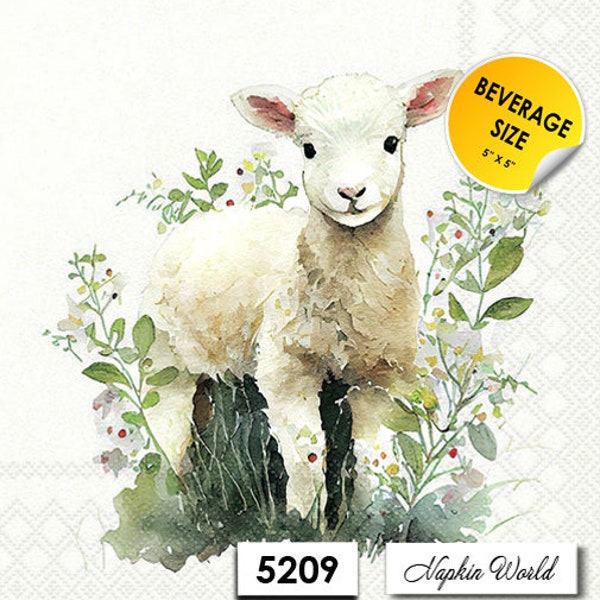 FREE SHIP - Two Paper ***BEVERAGE Size*** Decoupage Art Craft Napkins - (Design 5209) Sweet Easter Lamb Innocent