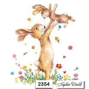 May include: A watercolor illustration of two brown rabbits in a field of flowers. The larger rabbit is holding the smaller rabbit in its arms. The illustration is surrounded by a white background with the text "Napkin World" and the number "2354" at the bottom.