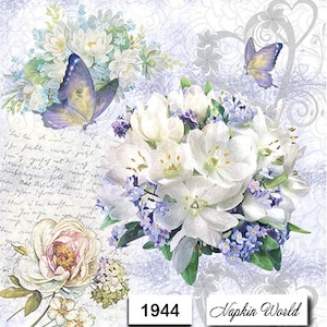 May include: A white floral bouquet with blue forget-me-nots and a butterfly on a light blue background with a handwritten note and the text "Napkin World 1944".