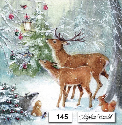 FREE SHIP - Two Paper Luncheon Decoupage Art Craft Napkins - (Design 145)  DEER Pair Winter Snow Christmas Ornaments Forest Animals