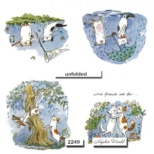 May include: Four illustrations of two cats in different scenarios. The first shows the cats holding a butterfly net and a bottle. The second shows the cats holding an umbrella. The third shows the cats on a swing. The fourth shows the cats hugging each other. The text "what friends are for..." and "Napkin World" are also included in the image.