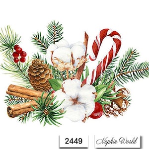 FREE SHIP - Two Paper Luncheon Decoupage Art Craft Napkins - (Design 2449) CHRISMAS Arrangement Candy Can Pine Cotton Flower Cinnamon Stick