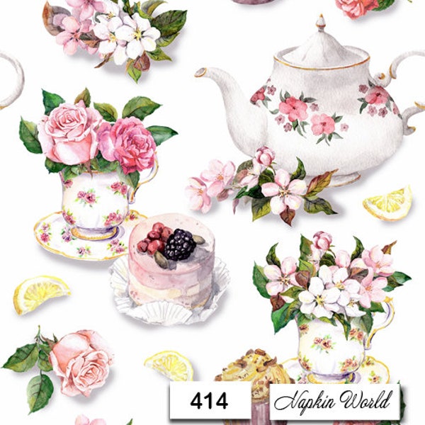 FREE SHIP - Two Paper Luncheon Decoupage Art Craft Napkins - (Design 414) Hot TEA Drink Sweets Flowers Roses Teacups Teapot