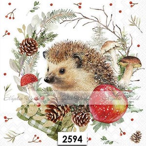 May include: A watercolor illustration of a hedgehog with a red apple and mushrooms on a white background with a green wreath and red berries. The number 2594 is printed on the bottom of the image.