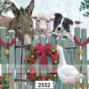 FREE SHIP - Two Paper Luncheon Decoupage Art Craft Napkins - (Design 2552) Christmas ANIMALS Donkey Sheep Dog Goose Fence