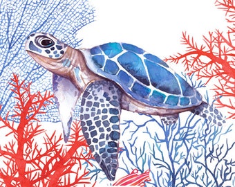 FREE SHIP - Two Paper Luncheon Decoupage Art Craft Napkins - (Design 1996) Sea TURTLE Ocean Reptile Coral Swimming