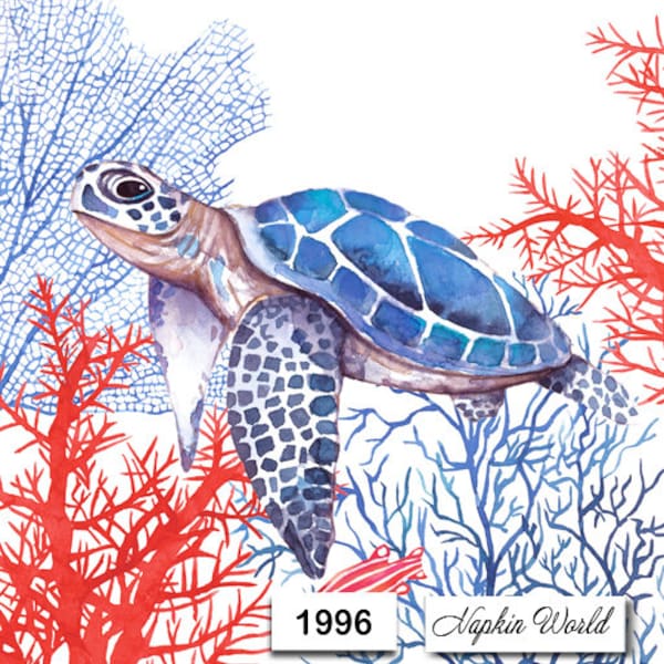 FREE SHIP - Two Paper Luncheon Decoupage Art Craft Napkins - (Design 1996) Sea TURTLE Ocean Reptile Coral Swimming