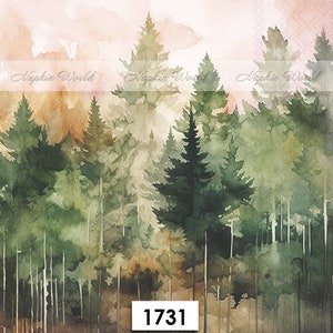 May include: Watercolor painting of a forest scene with tall green trees. The trees are painted in a soft, muted palette of greens, browns, and oranges. The painting has a dreamy, ethereal quality.