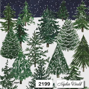 May include: A watercolor illustration of a snowy winter forest scene with a variety of evergreen trees. The trees are painted in shades of green and white, with a dark blue background and white snowflakes. The text "Napkin World" and "2199" are visible in the bottom right corner of the image.