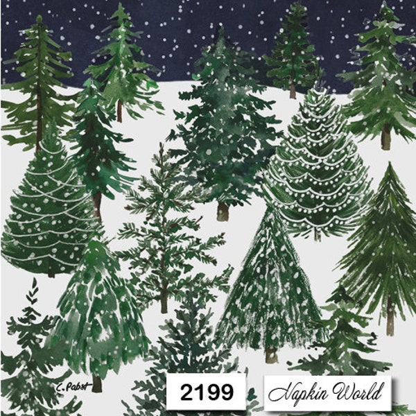 FREE SHIP - Two Paper Luncheon Decoupage Art Craft Napkins - (Design 2199) Christmas TREES Pines Snow Field Forest Winter Tree Farm