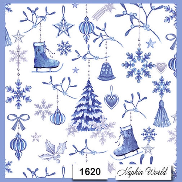 FREE SHIP - Two Paper Luncheon Decoupage Art Craft Napkins - (Design 1620) Blue CHRISTMAS Things Tree Ice Skates Ornaments Snowflakes