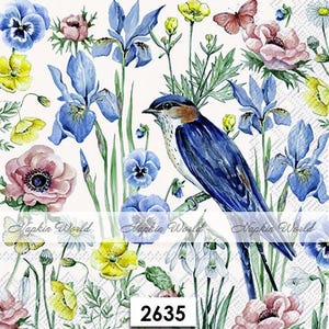 May include: A watercolor illustration of a bluebird perched on a branch surrounded by colorful flowers, including blue irises, pink anemones, and yellow pansies. The background is white with a subtle texture. The image includes the text "Napkin World" and the number "2635".